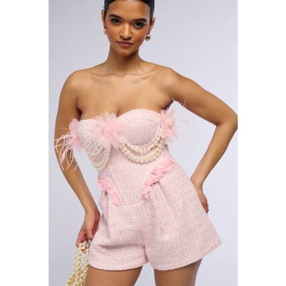 Akira Metallic Stitching Feminine Strapless Pearls Pretty In Pink Tweed Romper M - Picture 2 of 13